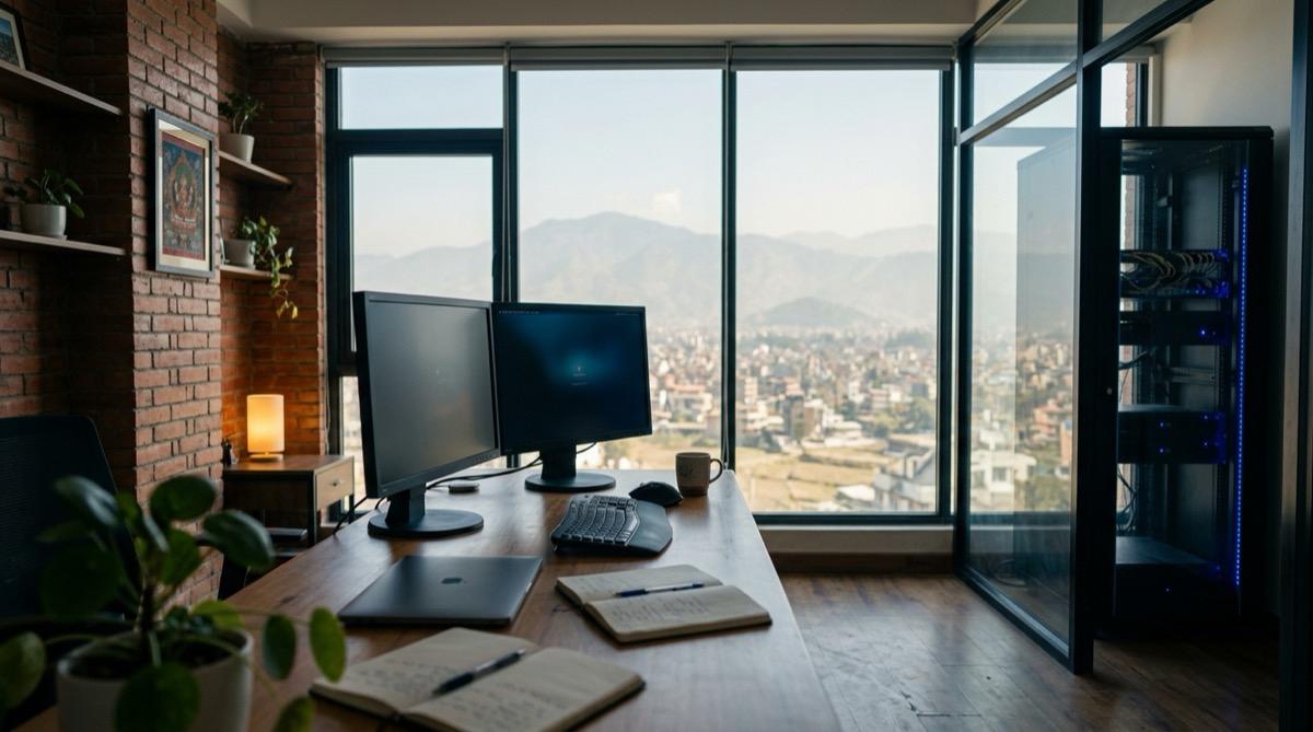 A desk of screens and notebooks beside a window over the Kathmandu valley, a server cabinet lit blue through the glass partition