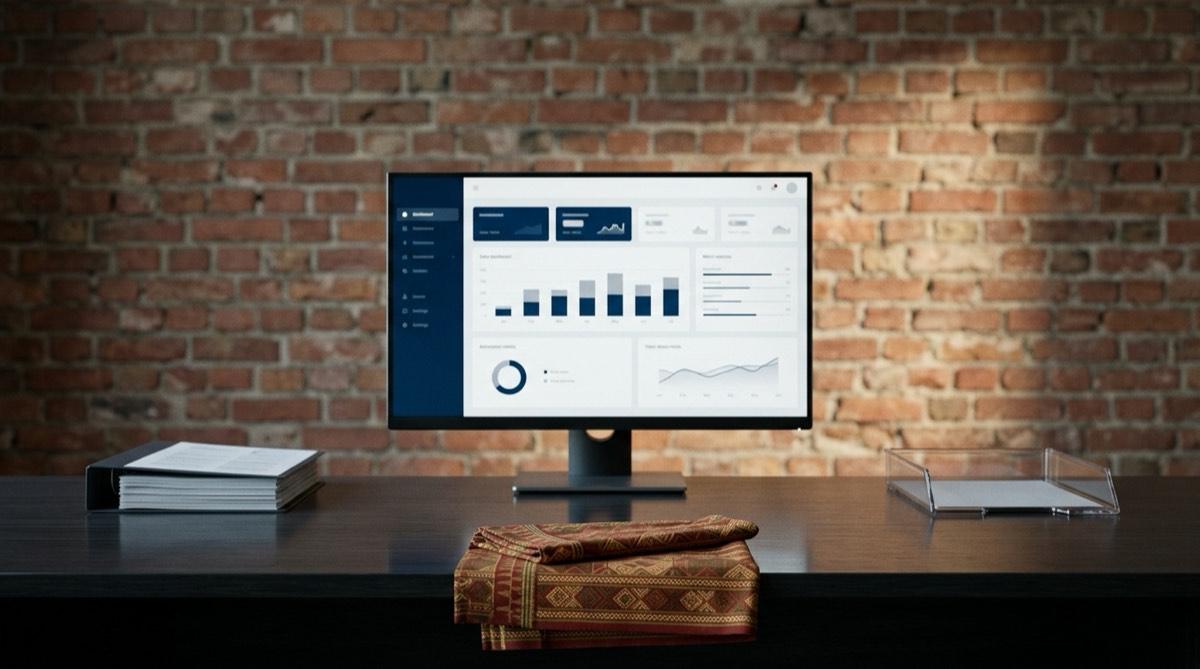 A workflow dashboard on a monitor above a desk with a folder of paperwork and a Nepali dhaka textile