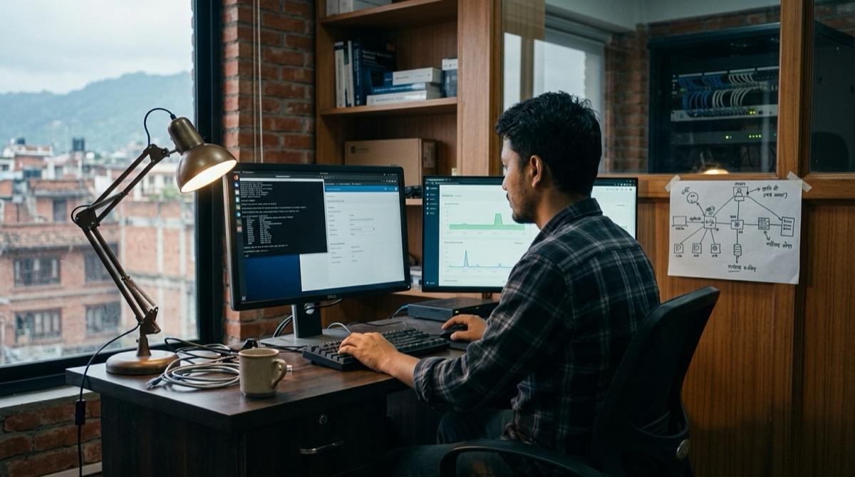 An engineer at a two-monitor desk under a lamp, a hand-drawn network sketch taped to the wall beside him