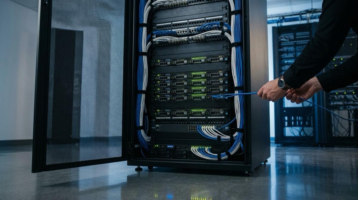 An engineer patching a cable into a server rack in a data centre