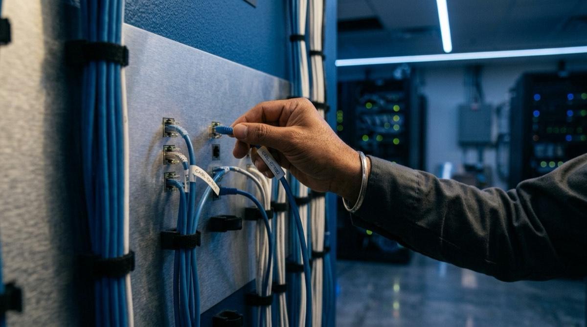 A hand connecting a labelled network cable at a patch panel in a server room