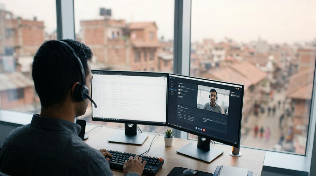 An EIT support engineer on a headset at a dual-monitor desk overlooking the Kathmandu rooftops