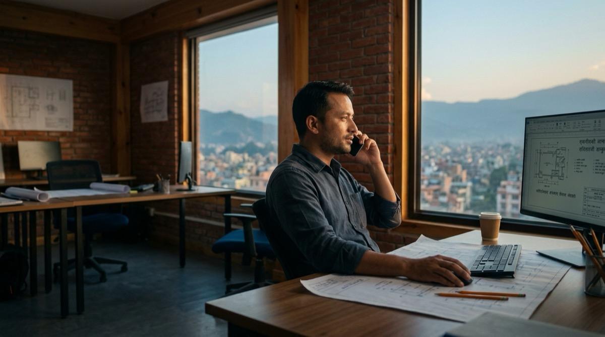 Someone on the phone at a desk of drawings, evening light over the Kathmandu rooftops behind him