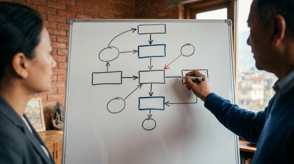 Two colleagues at a whiteboard, one drawing the boxes and arrows of a system diagram