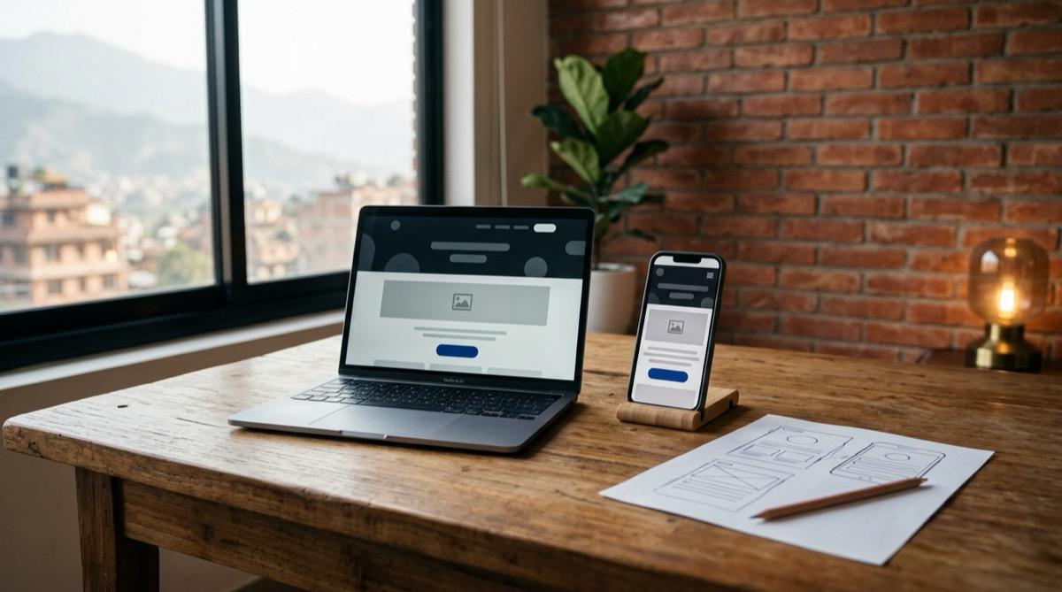 A laptop and a phone showing the same layout on a wooden desk, the paper wireframe they came from beside them